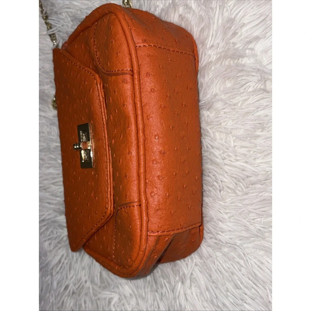 Chico's Bag Women's Orange Ostrich Textured Gold Chain Shoulder Handbag Purse